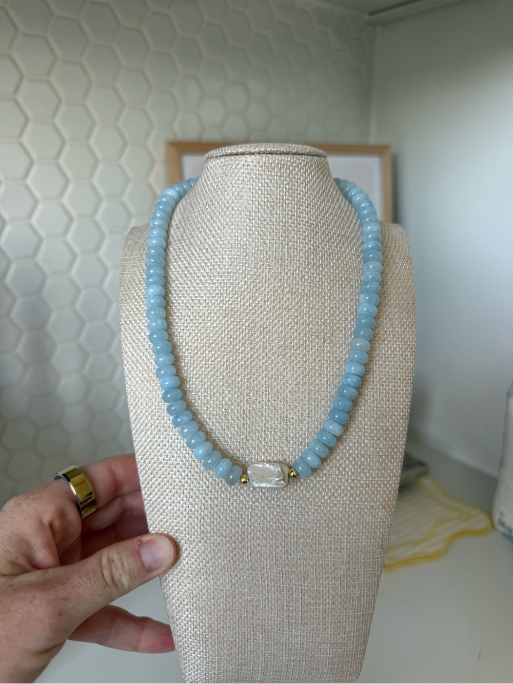 Light Blue Beaded Necklace with Center Pearl Accent